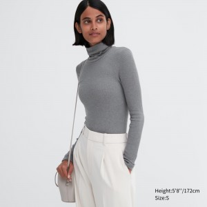 Uniqlo Heattech Extra Warm Seamless Ribbed Turtleneck Long Sleeved Thermal Top T-shirts Damen Grau | 31620CGVQ