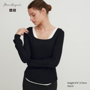 Uniqlo Heattech Extra Warm Waffle Square Neck Long Sleeved Thermal Top T-shirts Damen Schwarz | 52147ZHGE