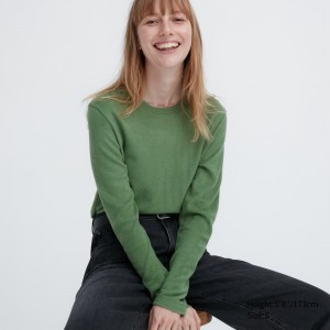 Uniqlo Heattech Fleece Crew Neck Long Sleeved Thermal Top T-shirts Damen Grün | 25190BGMW
