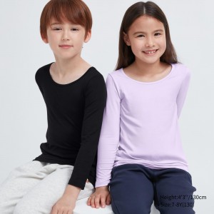 Uniqlo Heattech Scoop Neck Long Sleeved Thermal Top T-shirts Kinder Schwarz | 84137DVXF