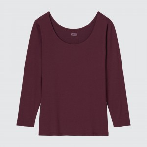 Uniqlo Heattech Scoop Neck Long Sleeved Thermal Top T-shirts Damen Bordeaux | 83457VNQU