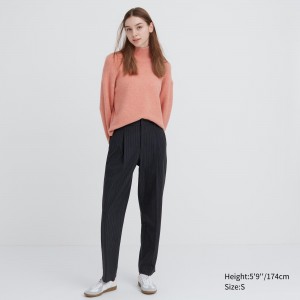 Uniqlo Heattech Striped Pleated Trousers Long Oberteile Damen Navy | 93268PONJ