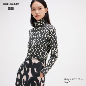 Uniqlo Heattech Swirl Print Turtleneck Long Sleeved Thermal Top T-shirts Damen Schwarz | 97463BQOP