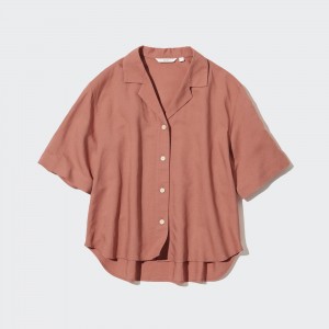 Uniqlo Linen Blend Open Collar Short Sleeved Shirt Bluse Damen Braun | 96738DFRY