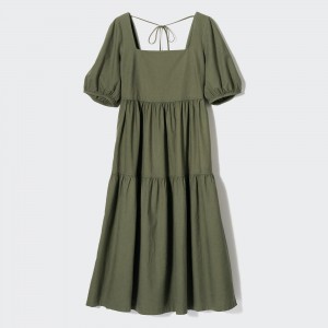 Uniqlo Linen Blend Shirring Volume Sleeved Dress Kleid Damen Olivgrün | 13846GSYB