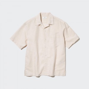 Uniqlo Linen Blend Short Sleeved Shirt Open Collar Hemd Herren Beige | 32594BXGJ