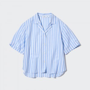 Uniqlo Linen Blend Striped Open Collar Short Sleeved Shirt Bluse Damen Hellblau | 51249PJHX