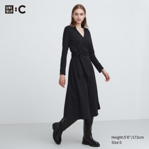 Uniqlo Long Sleeved Wrap Dress Kleid Damen Schwarz | 16275CPFL