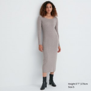 Uniqlo Merino Blend Fitted U Neck Long Sleeved Dress Kleid Damen Grau | 75869XICR