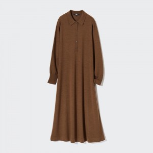 Uniqlo Merino Blend Polo Neck Long Sleeved Dress Kleid Damen Braun | 76920QNCO