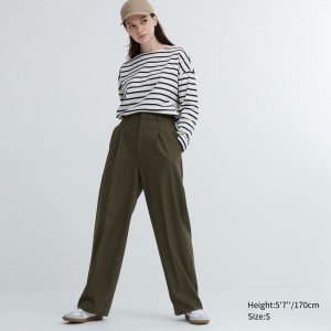 Uniqlo Pleated Wide Leg Trousers Oberteile Damen Olivgrün | 59473DMAR