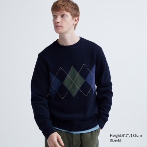 Uniqlo Premium Lambswool Argyle Crew Neck Jumper Pullover Herren Navy | 40756AUQW
