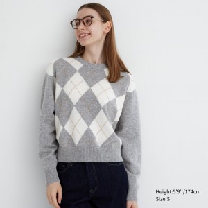 Uniqlo Premium Lambswool Argyle Crew Neck Jumper Pullover Damen Hellgrau | 14023SYDQ