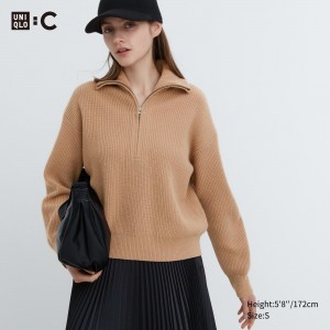 Uniqlo Premium Lambswool Half Zipped Jumper Pullover Damen Beige | 61745FIMN