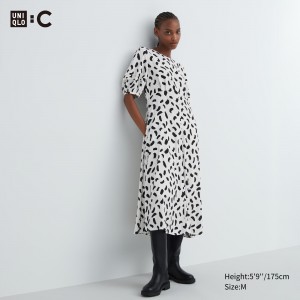 Uniqlo Printed Balloon Sleeved Dress Kleid Damen Weiß | 76503GZPT