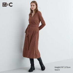 Uniqlo Printed Long Sleeved Wrap Dress Kleid Damen Braun | 59308ZBKT
