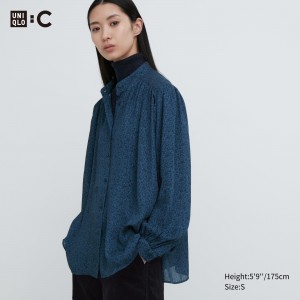 Uniqlo Printed Volume Blouse Bluse Damen Blau | 21563VHDB