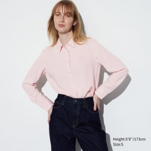 Uniqlo Rayon Long Sleeved Blouse Bluse Damen Rosa | 36975HTUN