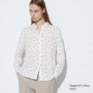 Uniqlo Rayon Printed Long Sleeved Blouse Bluse Damen Weiß | 85712VQMK