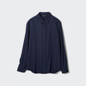 Uniqlo Rayon Printed Long Sleeved Blouse Bluse Damen Navy | 32068URQA