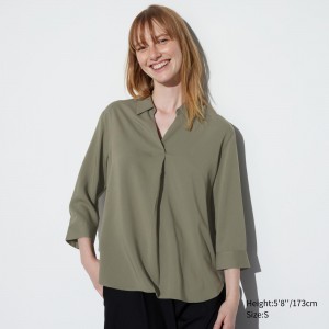 Uniqlo Rayon Skipper Collar 34 Sleeved Blouse Bluse Damen Olivgrün | 27103FTPB