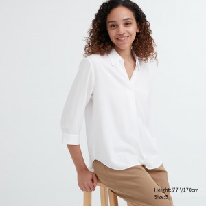 Uniqlo Rayon Skipper Collar 34 Sleeved Blouse Bluse Damen Weiß | 24650CGMO