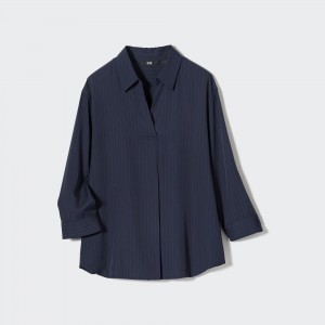 Uniqlo Rayon Striped Skipper Collar 34 Sleeved Blouse Bluse Damen Navy | 52638CRZH