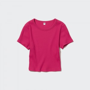 Uniqlo Ribbed Cropped Crew Neck T-Shirt T-shirts Damen Rosa | 72908WVOE