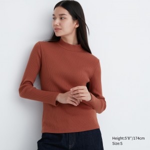 Uniqlo Ribbed High Neck Long Sleeved T-Shirt T-shirts Damen Dunkelorange | 80916QPTV