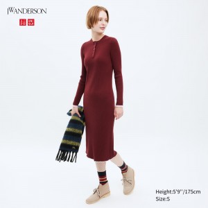 Uniqlo Ribbed Knit Long Sleeved Dress Kleid Damen Rot | 56014PNBD