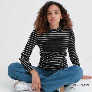 Uniqlo Ribbed Striped High Neck Long Sleeved T-Shirt T-shirts Damen Schwarz | 17638LJBA