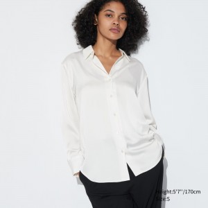 Uniqlo Satin Long Sleeved Blouse Bluse Damen Weiß | 81054FGPV