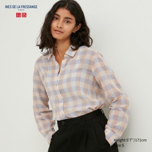Uniqlo Sheer Cotton Checked Shirt Bluse Damen Beige | 94801IJSV