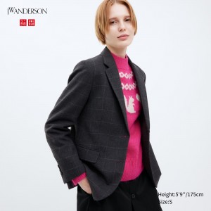 Uniqlo Single Breasted Checked Jacket Jacken Damen Dunkelgrau | 48710OLUB