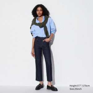 Uniqlo Slim Fit Straight Leg Ankle Length Jeans Jeans Damen Navy | 95630KVSE