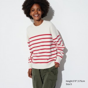 Uniqlo Smooth Cotton Relaxed Fit Striped Crew Neck Jumper Pullover Damen Rot | 90513ASWE