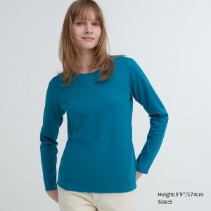 Uniqlo Smooth Cotton Stretch Crew Neck Long Sleeved T-Shirt T-shirts Damen Grün | 85471BEQZ