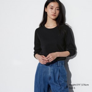 Uniqlo Smooth Cotton Stretch Crew Neck Long Sleeved T-Shirt T-shirts Damen Schwarz | 28756XTHS