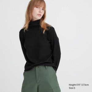Uniqlo Smooth Cotton Stretch Turtleneck Long Sleeved Top T-shirts Damen Schwarz | 91832UFOS