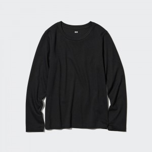 Uniqlo Smooth Stretch Cotton Crew Neck Long Sleeved Top T-shirts Damen Schwarz | 58273AKHM