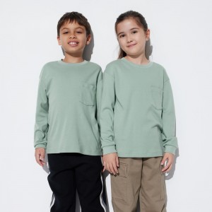 Uniqlo Soft Brushed Cotton Crew Neck Long Sleeved T-Shirt T-shirts Kinder Grün | 96284FNMQ