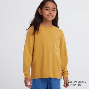 Uniqlo Soft Brushed Cotton Crew Neck Long Sleeved T-Shirt T-shirts Kinder Gelb | 70136DBJP