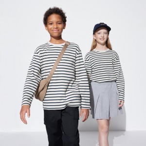 Uniqlo Soft Brushed Cotton Striped Crew Neck Long Sleeved T-Shirt T-shirts Kinder Weiß | 90176XZIQ
