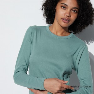 Uniqlo Soft Ribbed Fitted Crew Neck Long Sleeved T-Shirt T-shirts Damen Grün | 50374FQMC