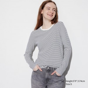 Uniqlo Soft Ribbed Fitted Striped Crew Neck Long Sleeved T-Shirt T-shirts Damen Weiß | 08192BMEY