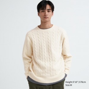 Uniqlo Souffle Yarn Cable Knit Crew Neck Jumper Pullover Herren Weiß | 67219UOYQ