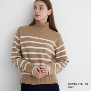 Uniqlo Souffle Yarn Striped High Neck Jumper Pullover Damen Beige | 78569LQJY