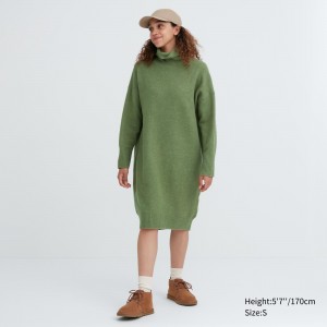 Uniqlo Souffle Yarn Turtleneck Long Sleeved Dress Kleid Damen Grün | 34759KNBO
