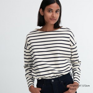 Uniqlo Striped Long Sleeved T-Shirt T-shirts Damen Weiß | 76189WYUT
