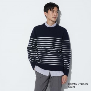 Uniqlo Washable Milano Ribbed Striped Crew Neck Jumper Pullover Herren Navy | 04593QLCO